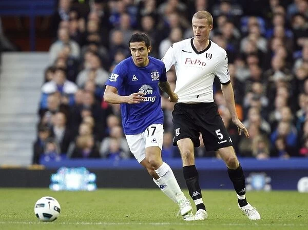 Intense Battle: Tim Cahill vs. Brede Hangeland at Goodison Park - Everton vs. Fulham, Barclays Premier League (19 March 2011)