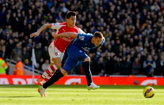 Framed Print : Intense Clash: Sanchez Tackles McCarthy in Arsenal vs. Everton (Barclays Premier League) Framed Print : Intense Clash: Sanchez Tackles McCarthy in Arsenal vs. Everton (Barclays Premier League)