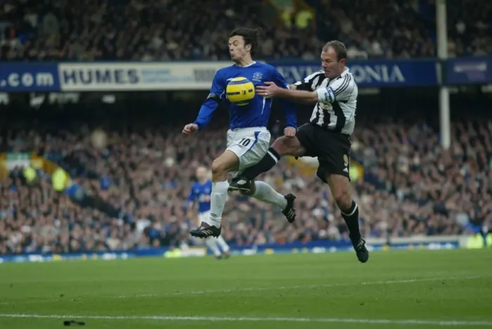 Framed Print : Intense Rivalry: Alan Shearer vs. Simon Davies - A Football Showdown at Everton Framed Print : Intense Rivalry: Alan Shearer vs. Simon Davies - A Football Showdown at Everton
