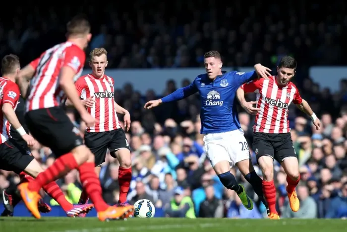Framed Print : Intense Rivalry: Barkley vs. Long - Everton vs. Southampton's Battle for Ball at Goodison Park Framed Print : Intense Rivalry: Barkley vs. Long - Everton vs. Southampton's Battle for Ball at Goodison Park