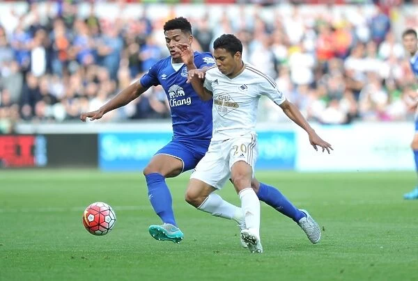 Intense Rivalry: Browning vs. Montero's Battle for Ball Possession (Swansea City vs. Everton, Barclays Premier League)