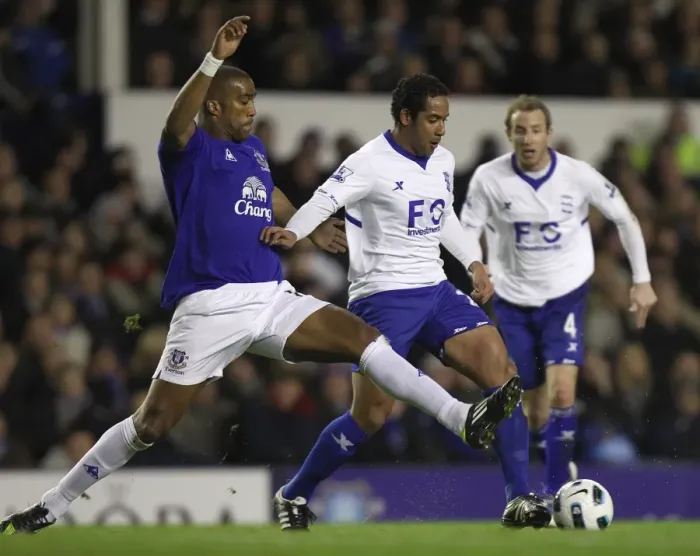 Framed Print : Intense Rivalry: Distin vs Beausejour at Goodison Park - Everton vs Birmingham City, Barclays Premier League (09 Mar 2011) Framed Print : Intense Rivalry: Distin vs Beausejour at Goodison Park - Everton vs Birmingham City, Barclays Premier League (09 Mar 2011)
