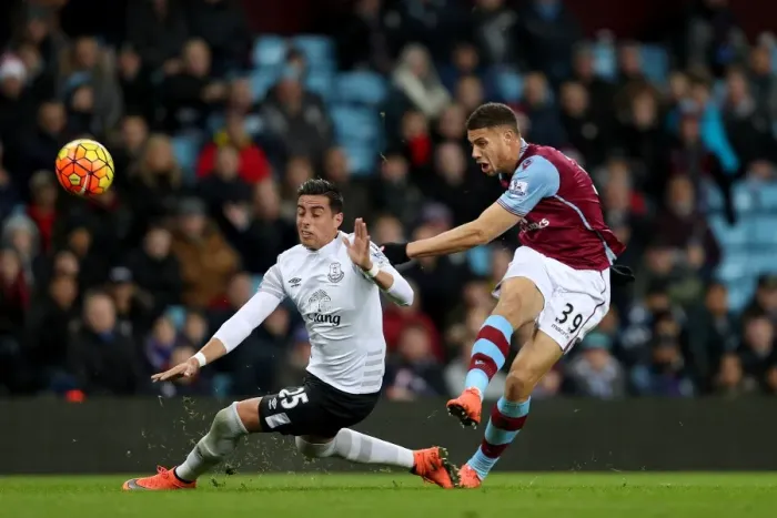 Framed Print : Intense Rivalry: Gestede vs. Funes Mori Clash at Villa Park - Everton vs. Aston Villa, Premier League Framed Print : Intense Rivalry: Gestede vs. Funes Mori Clash at Villa Park - Everton vs. Aston Villa, Premier League