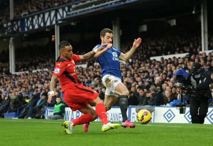 Framed Print : Intense Rivalry: Leighton Baines vs. Danny Simpson - Everton vs. Leicester City, Premier League Battle for the Ball