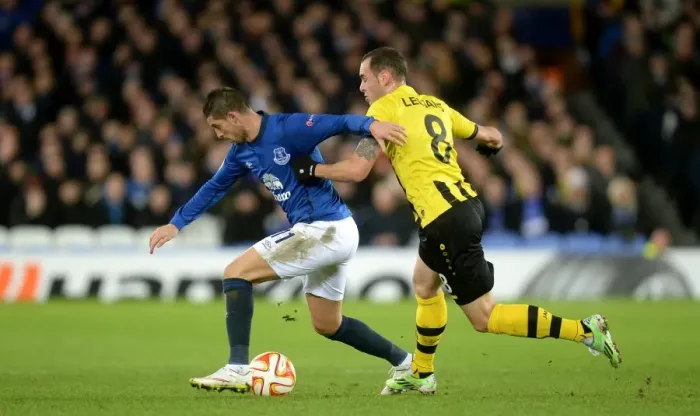 Framed Print : Intense Rivalry: Mirallas vs. Lecjaks in Everton's Europa League Battle against BSC Young Boys