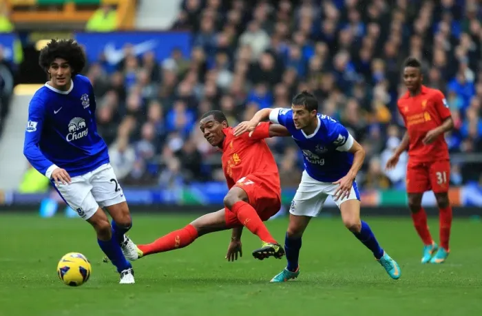 Framed Print : Intense Rivalry: Mirallas vs. Wisdom - Everton vs. Liverpool, Barclays Premier League (28-10-2012)