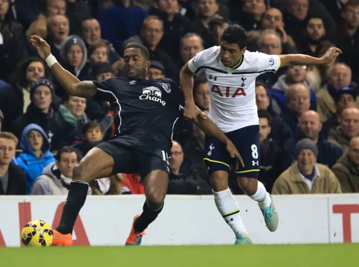 Framed Print : Intense Rivalry: Paulinho vs. Distin - Tottenham Hotspur vs. Everton: A Battle for Supremacy in the Premier League Framed Print : Intense Rivalry: Paulinho vs. Distin - Tottenham Hotspur vs. Everton: A Battle for Supremacy in the Premier League