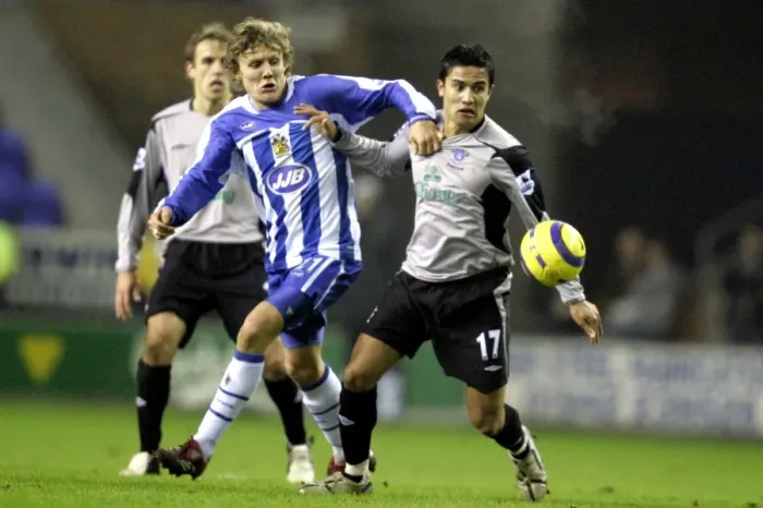 Framed Print : Intense Rivalry: Tim Cahill vs. Jimmy Bullard Clash at Wigan Athletic vs. Everton, FA Barclays Premiership (January 2006) Framed Print : Intense Rivalry: Tim Cahill vs. Jimmy Bullard Clash at Wigan Athletic vs. Everton, FA Barclays Premiership (January 2006)