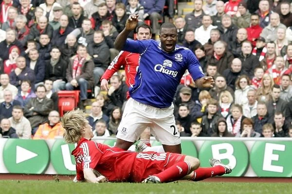 Intense Rivalry: Yakubu vs. Hyypia Battle at Anfield, Liverpool vs. Everton, Barclays Premier League, March 2008