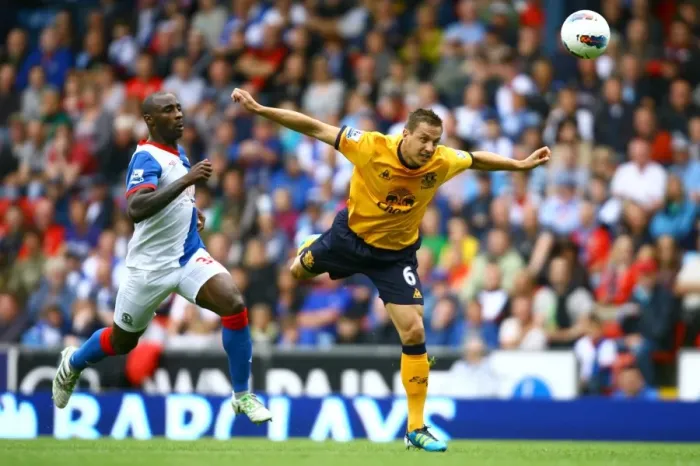 Framed Print : Jagielka Scores the Winner: Everton's Phil Jagielka Heads Past Roberts in the Barclays Premier League Clash at Ewood Park (August 2011) Framed Print : Jagielka Scores the Winner: Everton's Phil Jagielka Heads Past Roberts in the Barclays Premier League Clash at Ewood Park (August 2011)
