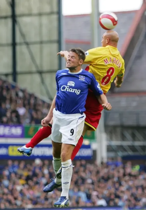 Framed Print : James Beattie: Fighting for Heading Supremacy with Everton FC