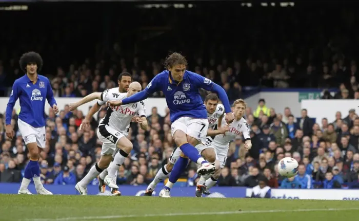 Framed Print : Jelavic's Thrilling Penalty Opener: Everton Kicks Off Against Fulham (28 April 2012, Goodison Park)