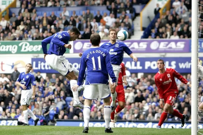 Framed Print : Joleon Lescott Scores First Everton Goal: Everton vs. Middlesbrough, Barclays Premier League, Goodison Park, September 30, 2007