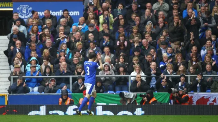 Framed Print : Leighton Baines Appreciates Fans Support: Everton 2-0 West Ham United (May 12, 2013, Goodison Park)