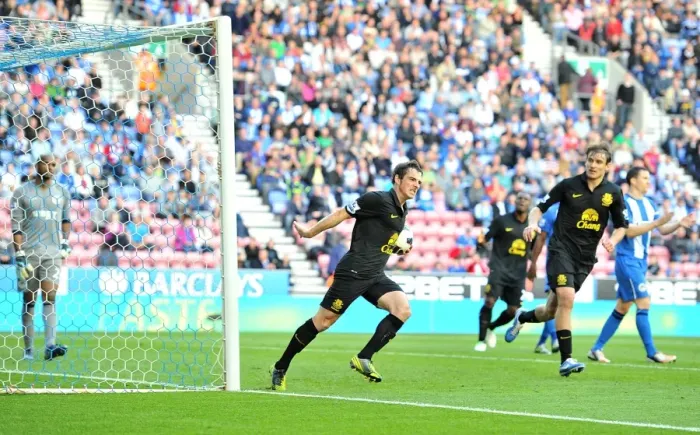 Framed Print : Leighton Baines Scores Dramatic Penalty: Wigan Athletic 2 - Everton 2 (Barclays Premier League, October 6, 2012) Framed Print : Leighton Baines Scores Dramatic Penalty: Wigan Athletic 2 - Everton 2 (Barclays Premier League, October 6, 2012)