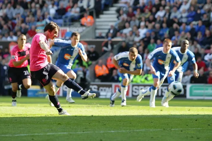 Framed Print : Leighton Baines Scores Everton's First Goal vs. Wigan Athletic in Barclays Premier League (30 April 2011) Framed Print : Leighton Baines Scores Everton's First Goal vs. Wigan Athletic in Barclays Premier League (30 April 2011)