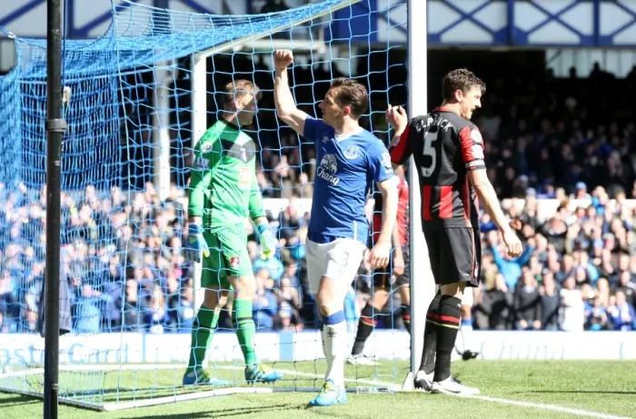 Framed Print : Leighton Baines Scores Everton's Second Goal: Everton 2-0 AFC Bournemouth (Goodison Park)