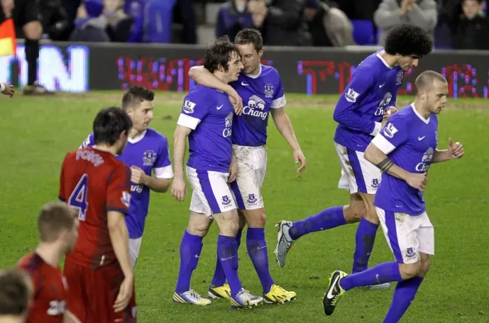 Framed Print : Leighton Baines Scores Penalty, Celebrates with Jagielka: Everton's Victory Moment vs. West Bromwich Albion (30-01-2013)