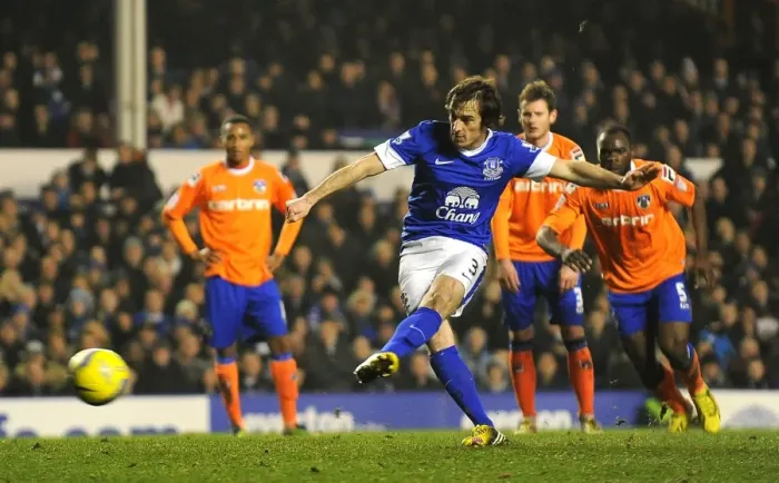 Framed Print : Leighton Baines Scores Penalty: Everton's FA Cup Fifth Round Replay Win over Oldham Athletic (26-02-2013)