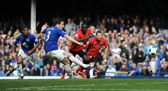Framed Print : Leighton Baines Scores Penalty: Everton's Second Goal vs. Blackburn Rovers (April 16, 2011, Barclays Premier League)