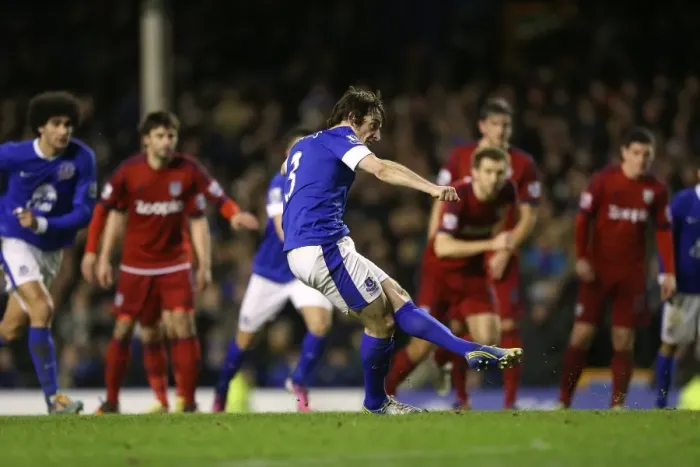 Framed Print : Leighton Baines Scores Penalty: Everton's Second Goal Against West Bromwich Albion (30-01-2013) Framed Print : Leighton Baines Scores Penalty: Everton's Second Goal Against West Bromwich Albion (30-01-2013)