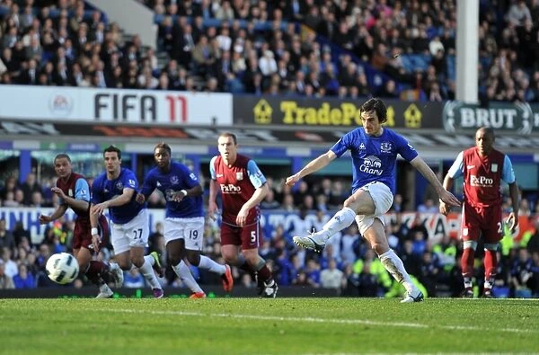 Leighton Baines Scores the Penalty: Everton's Victory Over Aston Villa in the Barclays Premier League (04.04.2011, Goodison Park)