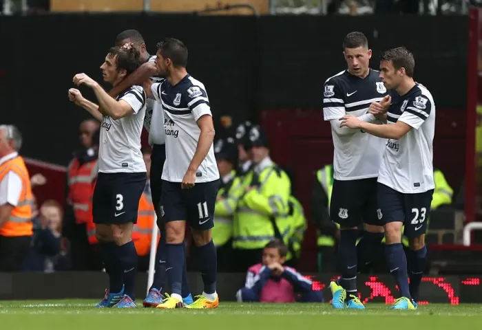 Framed Print : Leighton Baines Scores Thrilling First Goal as Everton Defeats West Ham 3-2 (BPL 2013-14: Upton Park) Framed Print : Leighton Baines Scores Thrilling First Goal as Everton Defeats West Ham 3-2 (BPL 2013-14: Upton Park)