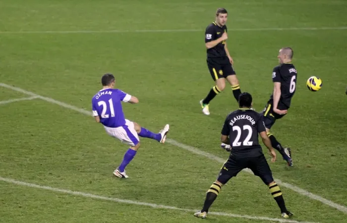 Framed Print : Leon Osman Scores First Goal: Everton's Victory over Wigan Athletic (26-12-2012, Goodison Park)