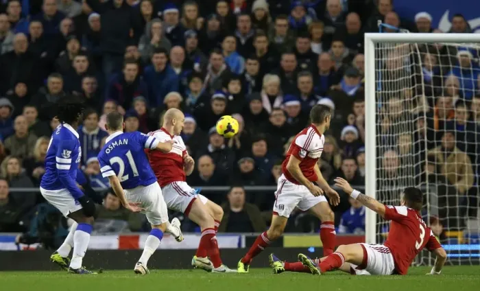 Framed Print : Leon Osman Scores Opening Goal: Everton's Triumph Over Fulham in the Barclays Premier League (14-12-2013, Goodison Park)