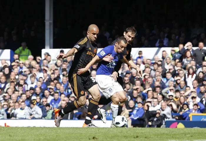 Framed Print : Leon Osman's Defiant Stand: Everton vs. Chelsea's Alex and Ivanovic in Intense Barclays Premier League Showdown (May 2011) Framed Print : Leon Osman's Defiant Stand: Everton vs. Chelsea's Alex and Ivanovic in Intense Barclays Premier League Showdown (May 2011)