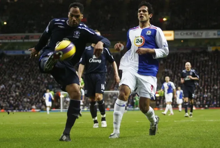 Framed Print : Lescott vs. Santa Cruz: Everton vs. Blackburn Rovers Clash in 07 / 08 Premier League