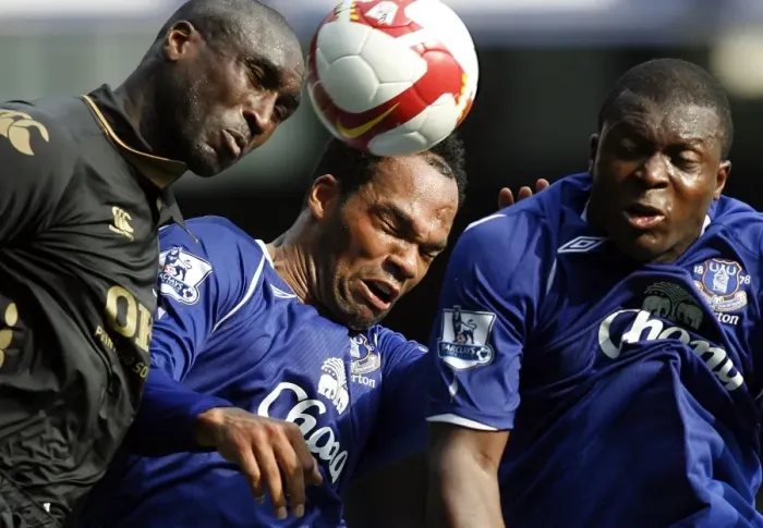 Framed Print : Lescott and Yakubu vs Campbell: Everton vs Portsmouth Clash in Barclays Premier League, 2008 Framed Print : Lescott and Yakubu vs Campbell: Everton vs Portsmouth Clash in Barclays Premier League, 2008