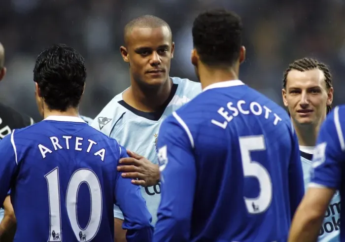 Framed Print : Manchester City vs. Everton: Kompany and Arteta's Pre-Match Handshake (08 / 09)