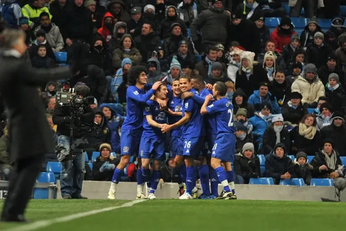 Framed Print : Mancini's Frustration: Everton's Double Strike Celebrated in Manchester City's Face (Barclays Premier League, 20 December 2010)