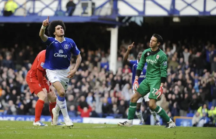 Framed Print : Marouane Fellaini Scores the First FA Cup Quarterfinal Goal for Everton Against Middlesbrough at Goodison Park (8 / 3 / 09)