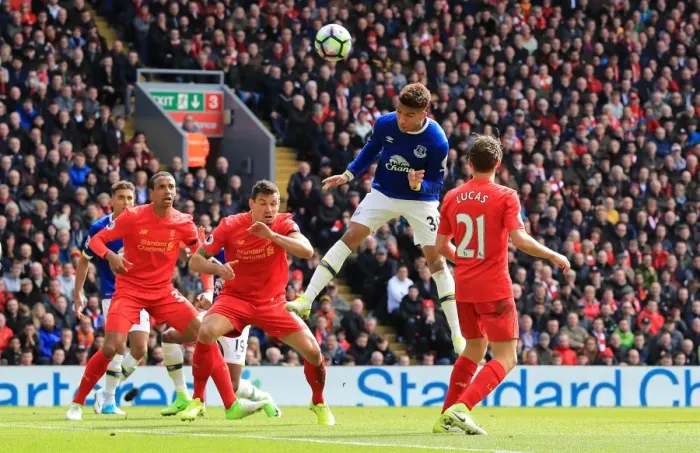Framed Print : Mason Holgate's Headed Attempt Against Liverpool at Anfield - Premier League Clash Framed Print : Mason Holgate's Headed Attempt Against Liverpool at Anfield - Premier League Clash
