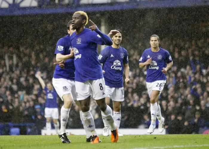 Framed Print : Mikel Arteta Grins as Louis Saha Scores: Everton's Thrilling Premier League Win over Blackpool (05 February 2011)