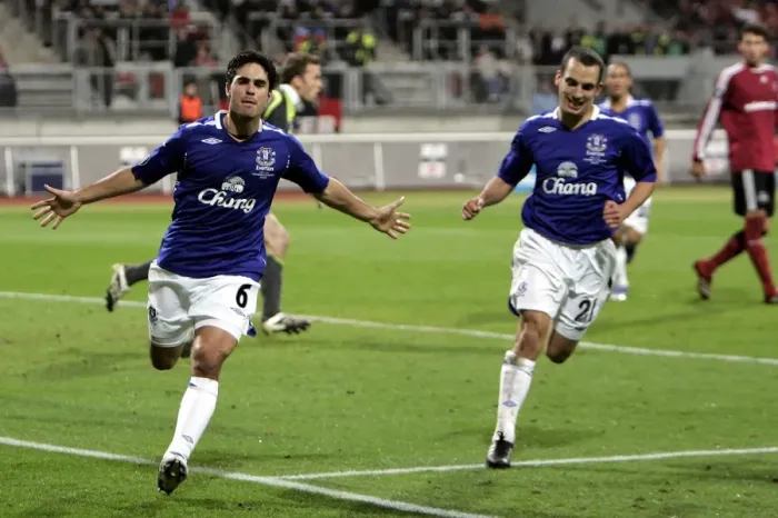 Framed Print : Mikel Arteta and Leon Osman's Goal Celebration: Everton's First Score Against FC Nurnberg in UEFA Cup Framed Print : Mikel Arteta and Leon Osman's Goal Celebration: Everton's First Score Against FC Nurnberg in UEFA Cup