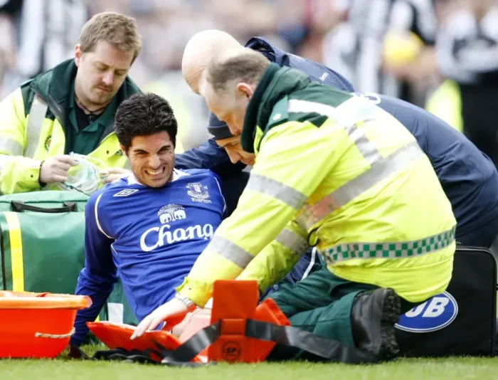 Framed Print : Mikel Arteta's Injury Woes: Carried Off in Newcastle vs. Everton (2009) Framed Print : Mikel Arteta's Injury Woes: Carried Off in Newcastle vs. Everton (2009)