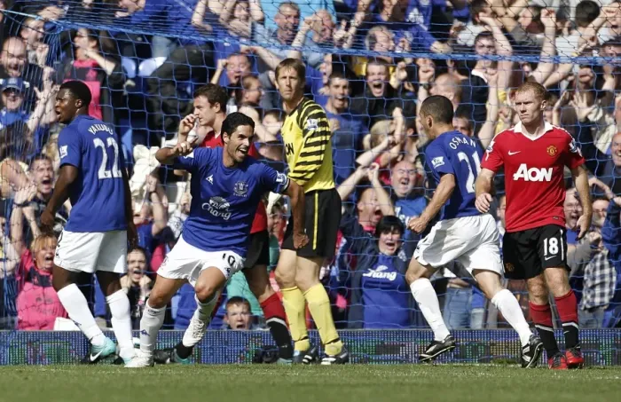 Framed Print : Mikel Arteta's Triumphant Moment: Everton's Third Goal Against Manchester United at Goodison Park Framed Print : Mikel Arteta's Triumphant Moment: Everton's Third Goal Against Manchester United at Goodison Park