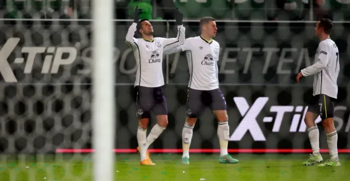 Framed Print : Mirallas and Barkley: Everton's Europa League Celebration after Scoring Second Goal vs. VfL Wolfsburg Framed Print : Mirallas and Barkley: Everton's Europa League Celebration after Scoring Second Goal vs. VfL Wolfsburg