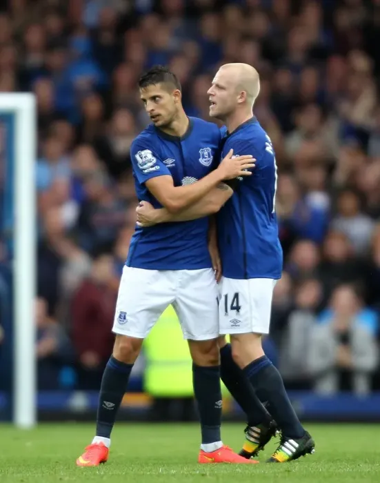 Framed Print : Mirallas and Naismith's Thrilling Celebration: Everton's First Goal Against Chelsea in the Premier League