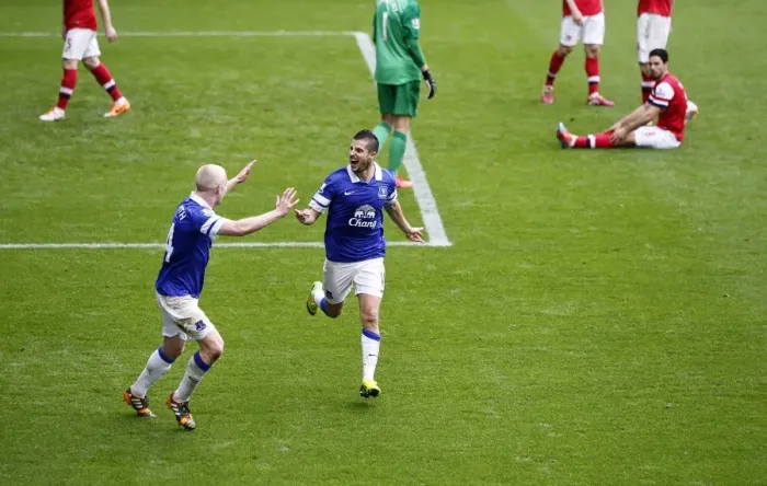 Framed Print : Mirallas and Naismith's Triumph: Arteta's Own Goal Seals Everton's 3-0 Victory over Arsenal (06-04-2014, Goodison Park)