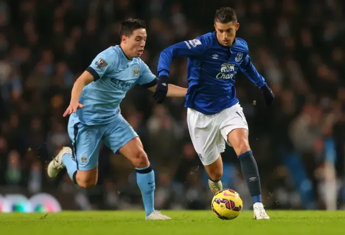 Framed Print : Mirallas Outsmarts Nasri: Everton's Thrilling Escape at Manchester City