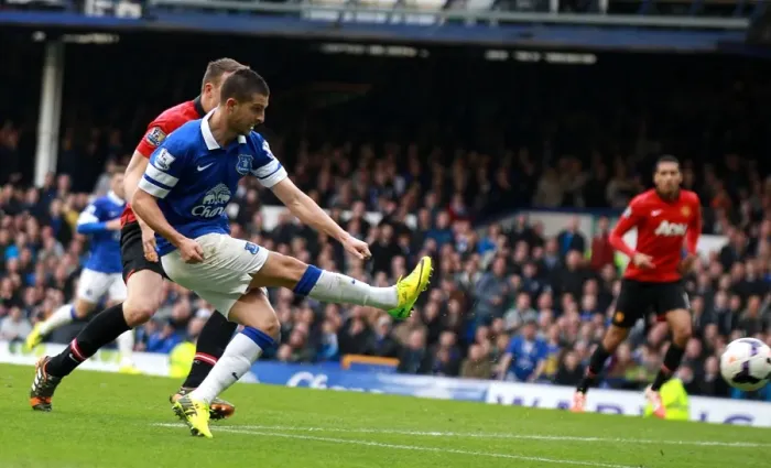 Framed Print : Mirallas Strikes: Everton Takes 2-0 Lead Over Manchester United (April 21, 2014, Barclays Premier League)