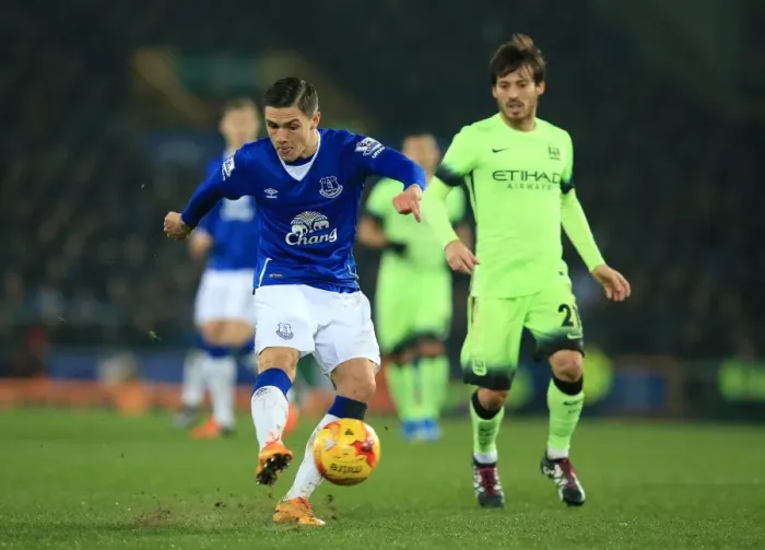 Framed Print : Muhamed Besic vs David Silva: Everton vs Manchester City - Capital One Cup Semi-Final - First Leg at Goodison Park
