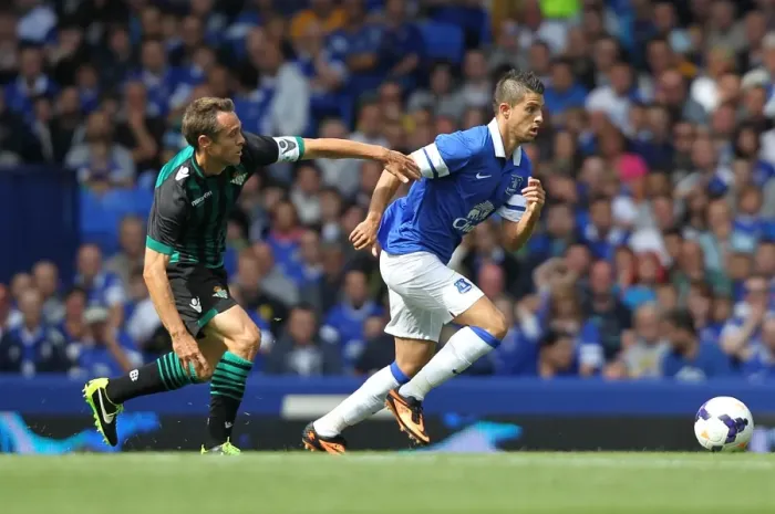 Framed Print : Nacho vs. Mirallas: A Pivotal Moment in Everton's Pre-Season Victory over Real Betis (11-08-2013)