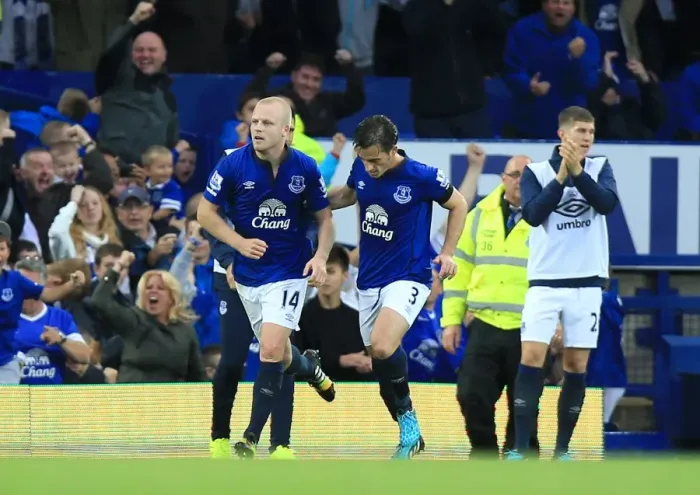 Framed Print : Naismith and Baines in Jubilant Moment as Everton Scores Second Against Chelsea Framed Print : Naismith and Baines in Jubilant Moment as Everton Scores Second Against Chelsea