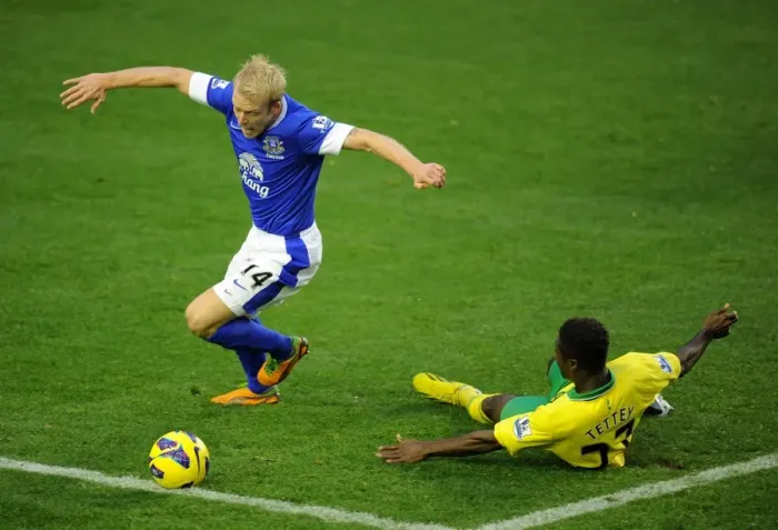 Framed Print : Naismith Dodges Tettey: Everton vs. Norwich City's Thrilling Draw (1-1) Framed Print : Naismith Dodges Tettey: Everton vs. Norwich City's Thrilling Draw (1-1)