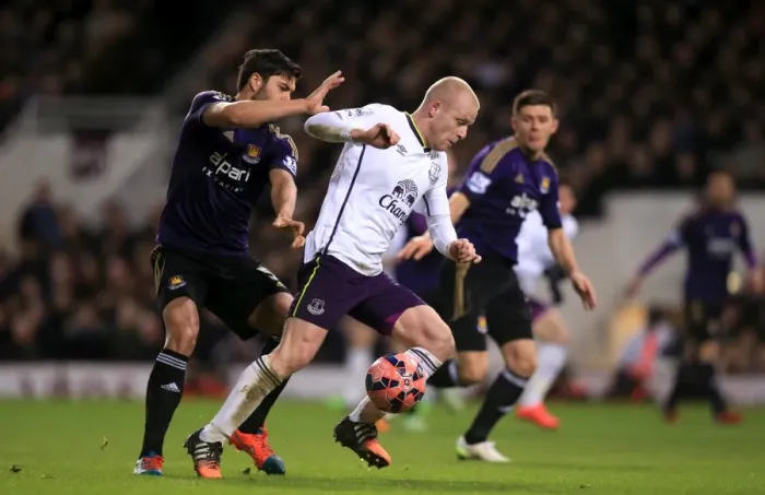 Framed Print : Naismith vs. Tomkins: A FA Cup Showdown - Everton's Steven Naismith and West Ham United's James Tomkins in an Intense Battle for the Ball Framed Print : Naismith vs. Tomkins: A FA Cup Showdown - Everton's Steven Naismith and West Ham United's James Tomkins in an Intense Battle for the Ball
